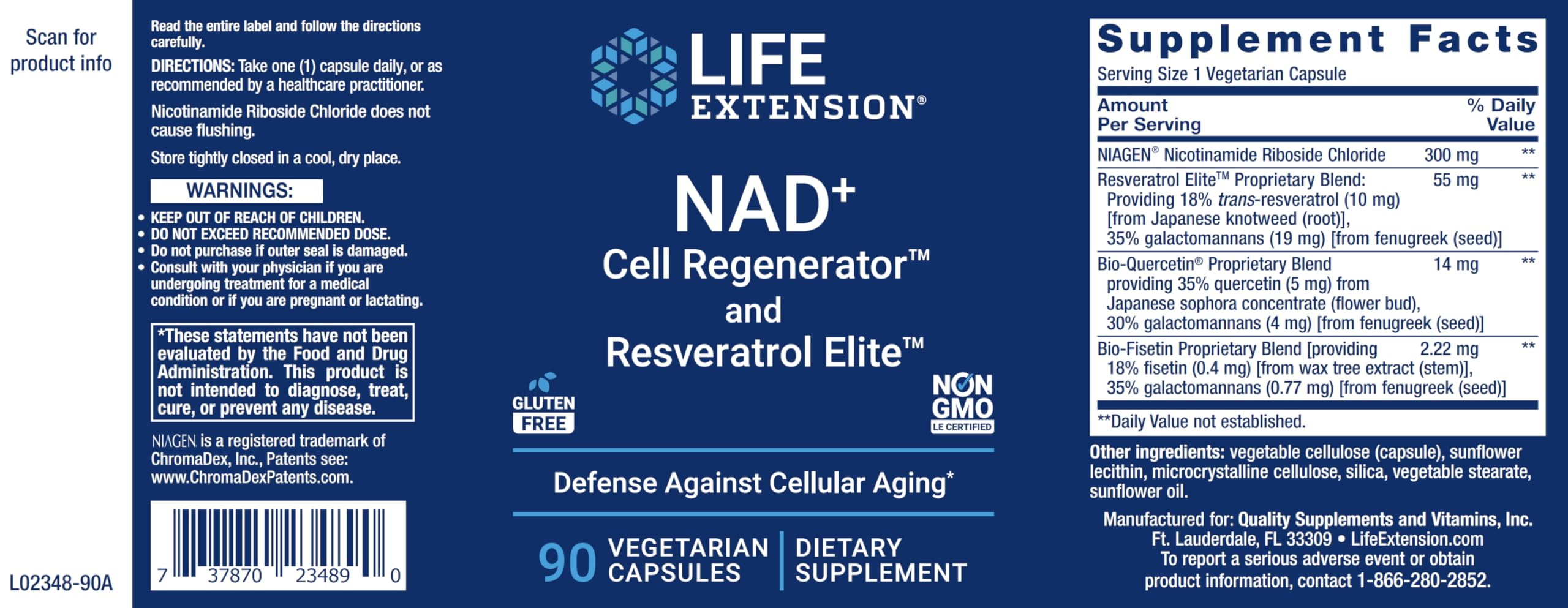 Life Extension NAD+ Cell Regenerator and Resveratrol Elite, 90 Veg Caps