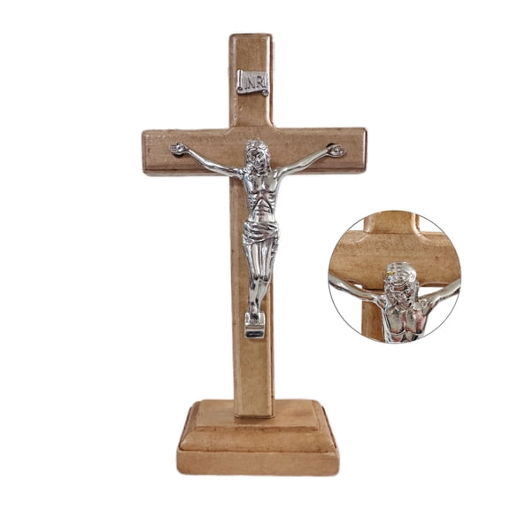 7.8 X 4 Inch San Benito Medalla Wooden Standing Cross Small Crucifix, Jesus Christ Wall Cross for Table or Wall Decor, Home Decoration Catholic Gifts