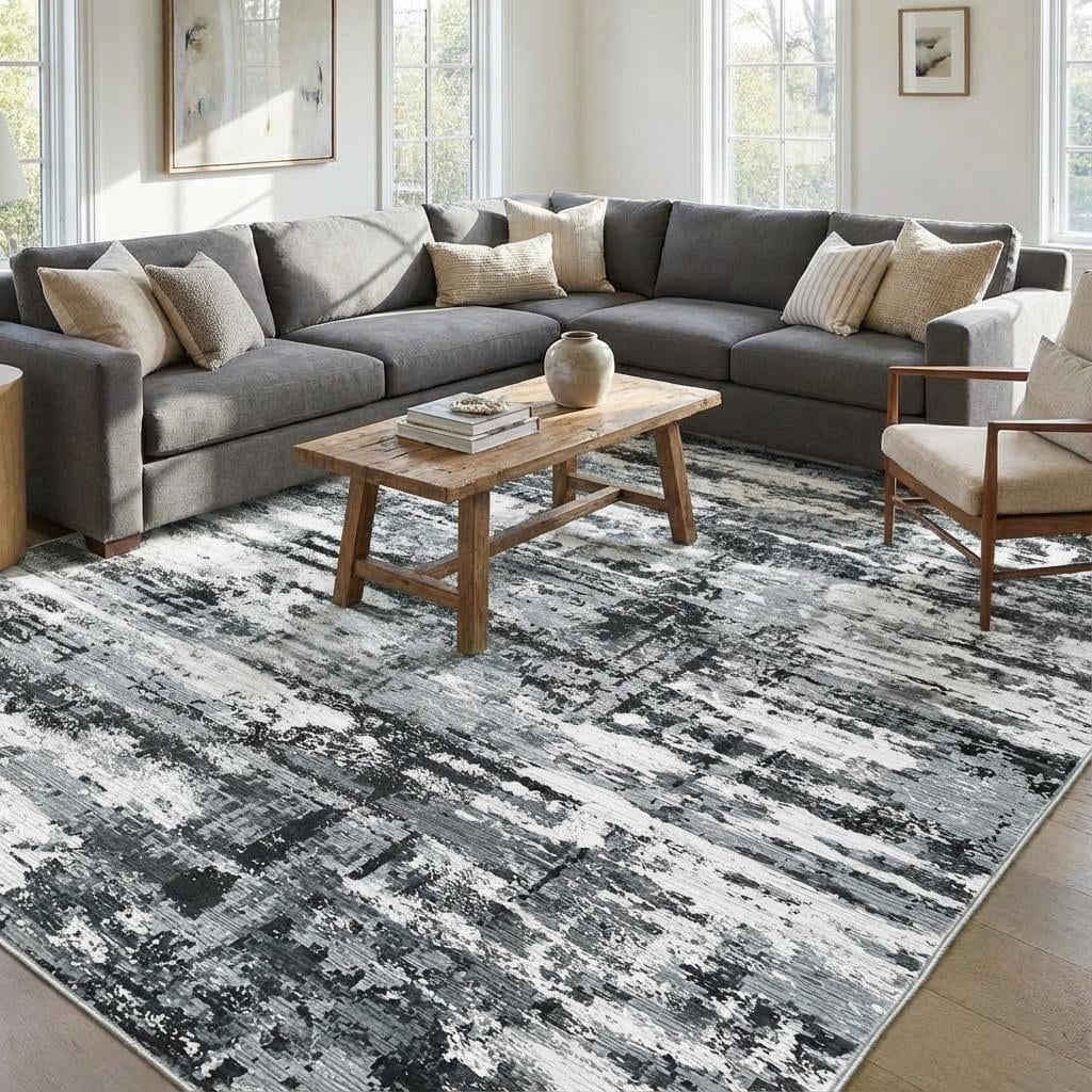 HOMERRY Large Area Rug 10' x 13' Modern Abstract Rug for Living Room Washable Soft Indoor Floor Carpet, Gray/Black