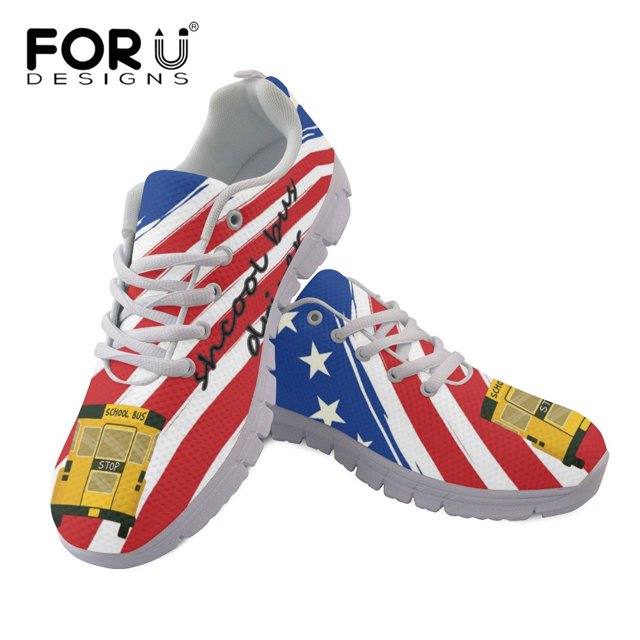 School Bus Driver Pattern Woman American Flag Print Woman Flats Lace Up Shoe Sneakers Breahtable Spring/Autumn Shoes