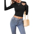 thumbnail image 3 of hirigin Women's Spring Autumn Slim Crop Tops Solid Color Long Sleeve O Neck Backless T-shirt, 3 of 6