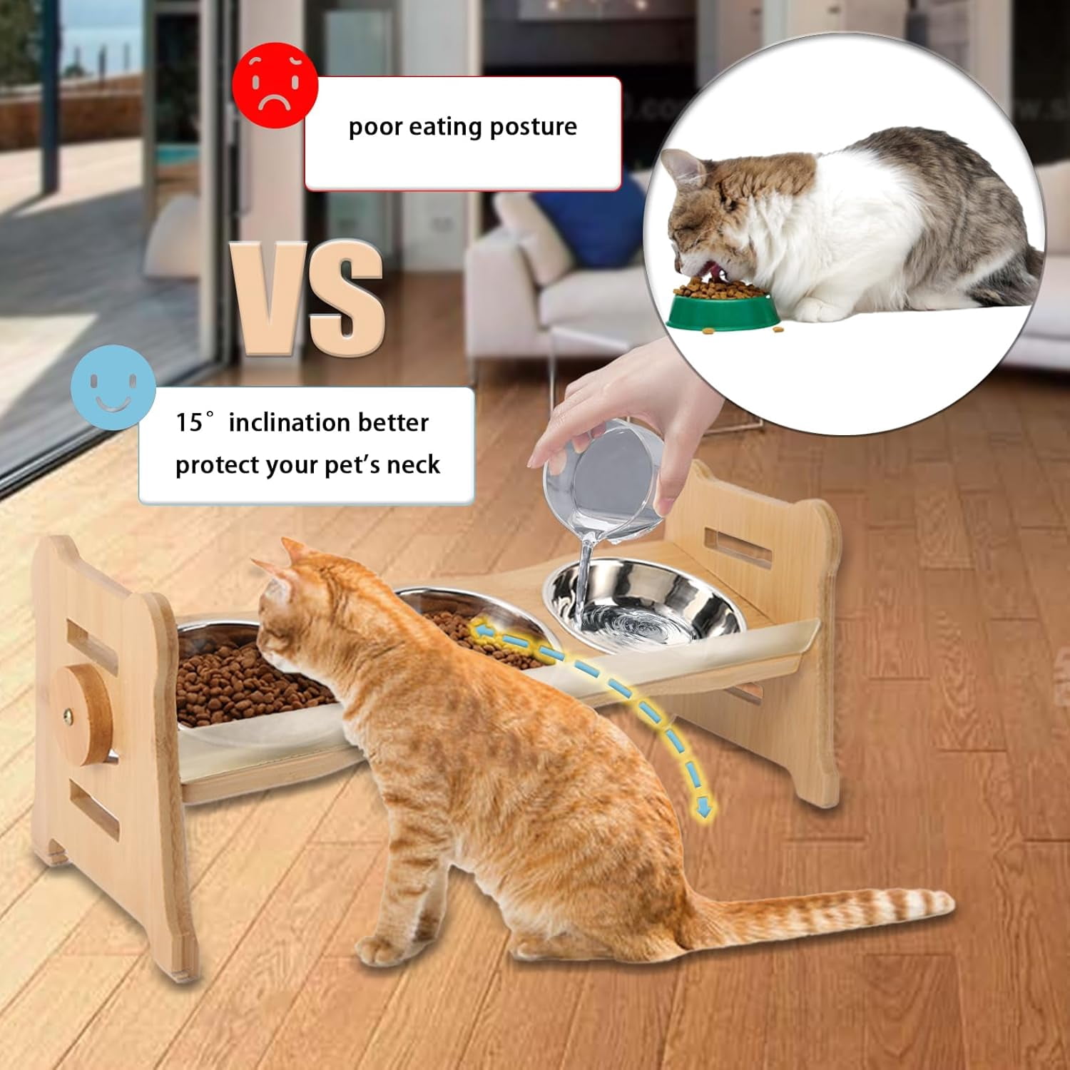 Elevated Pet Bowls for Cats & Small Dogs, Elevated and 15° Tilted Stainless Steel Elevated Cat Food Bowl with Bamboo Stand and Rubber Strip to Prevent Overflow for Indoor Cats and Pets