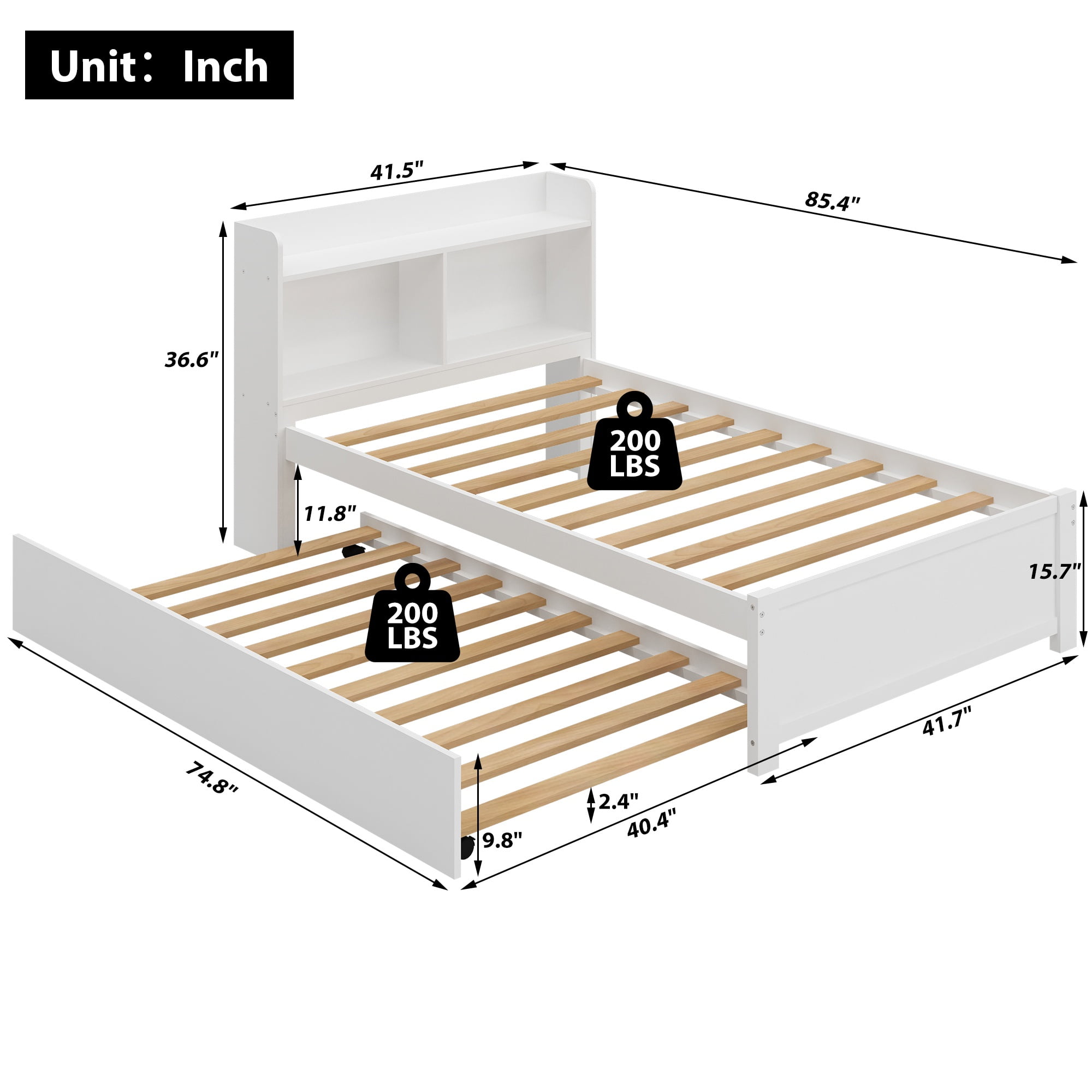 HSUNNS Twin Bed Frame with Trundle and Storage Bookcase, Modern Platform Twin Bed Frame for Girls and Boys, Solid Wood Trundle Bed with Headboard and Footboard, No Box Spring Needed, White