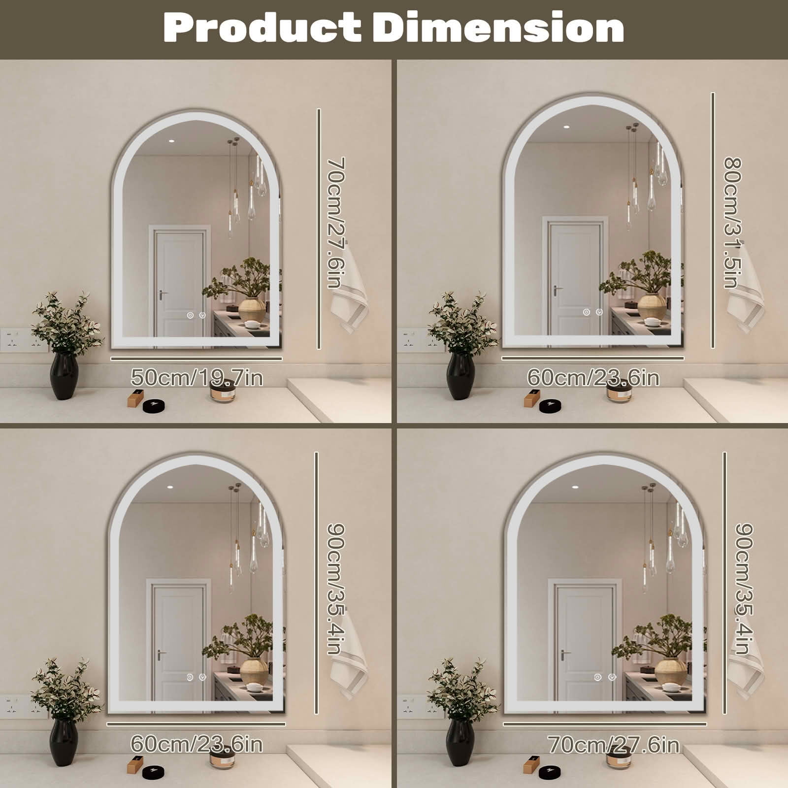 MAYEERTY 28x36 Inch Arched LED Bathroom Mirror with Charging, Anti-fog 3-Color Memory Dimming Dual Light
