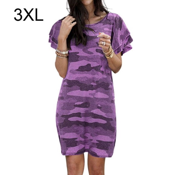 Women Dress Camouflage Print Long Women Summer Dress Camouflage T-shirt Short Sleeve Loose Dress, Purple, 3XL