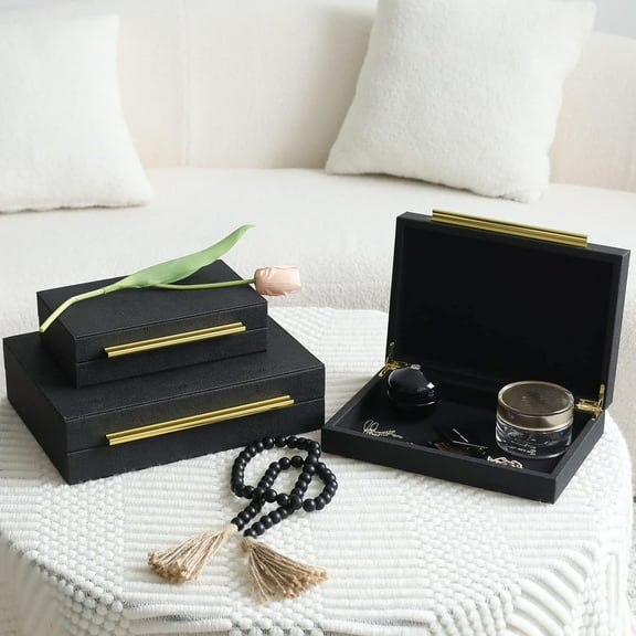 Faux Shagreen Decorative Storage Boxes – Set of 3 Stackable Jewelry Organizers with Gold Metal Handles & Velvet Lining, Modern Black Box for Vanity, Entryway & Coffee Table Décor