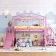 thumbnail image 3 of Leumius Twin Size Loft Bed with Storage Stairs, Metal Loft Bed Frame with Built-in Wardrobe,Storage Shelves,USB Ports and LED Lights,Noise-reduced Design,Pink, 3 of 12