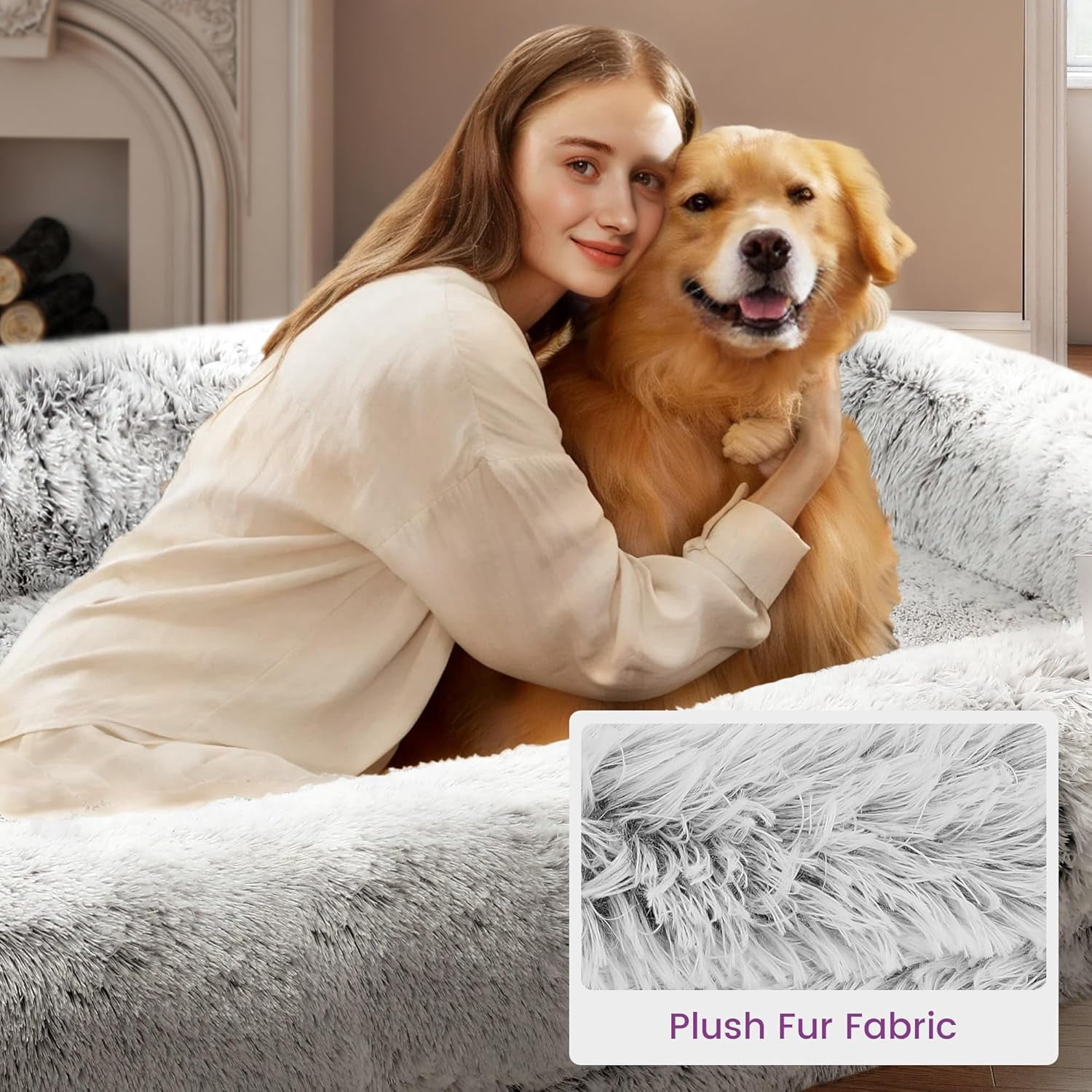 JessieMal Human Dog Bed for Adults, 75"x43"x10" Human Size Dog Bed, Orthopedic, Waterproof Removable Washable Cover, Soft Calming Lounger for People & Pets, Light Grey