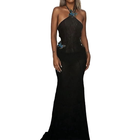 Women Backless Cowl Neck Cocktail Going Out Dress Halter Slip Long Semi Formal Party 2025 Spring Summer Black L