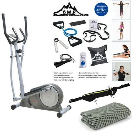 Sunny Health and Fitness Magnetic Elliptical Trainer Bundle with Sports Zippered Waist Bag, Workout Cooling Towel and 7-Piece Fitness