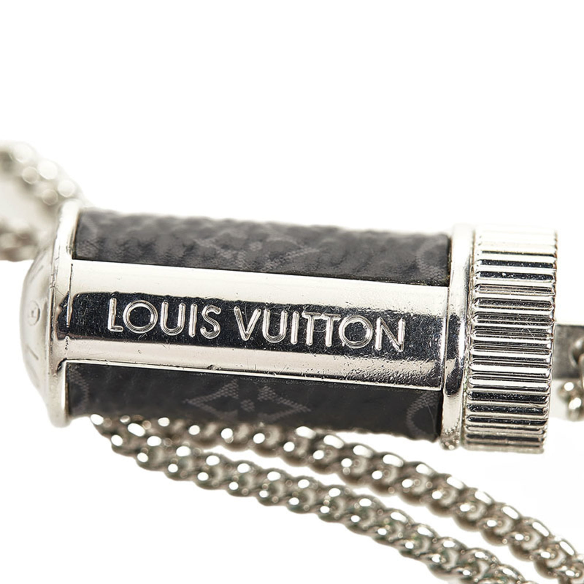 LOUIS VUITTON Monogram Eclipse Plate Chain Necklace M63640 Silver Black  with Box