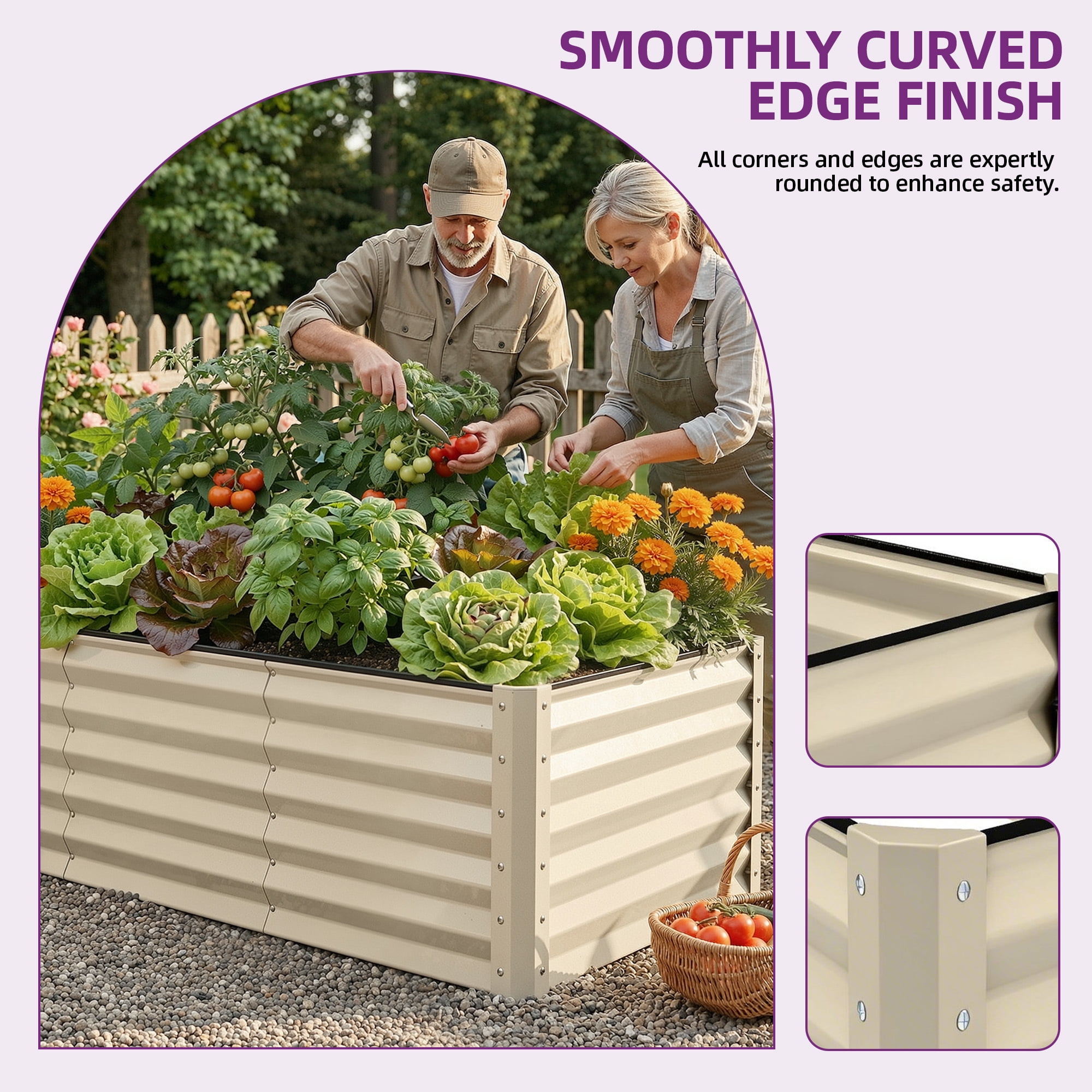 Uforic 8x4x3ft 1 Pack Galvanized Metal Raised Garden Bed Kit with Gloves, Support Rod and Safety Rubber, Cream White