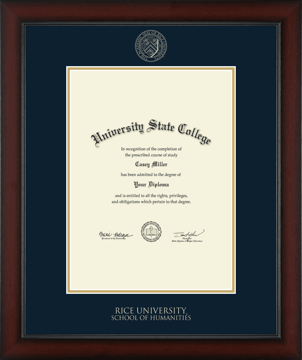 Rice University School of Humanities Diploma Frame, Document Size 17" x ...