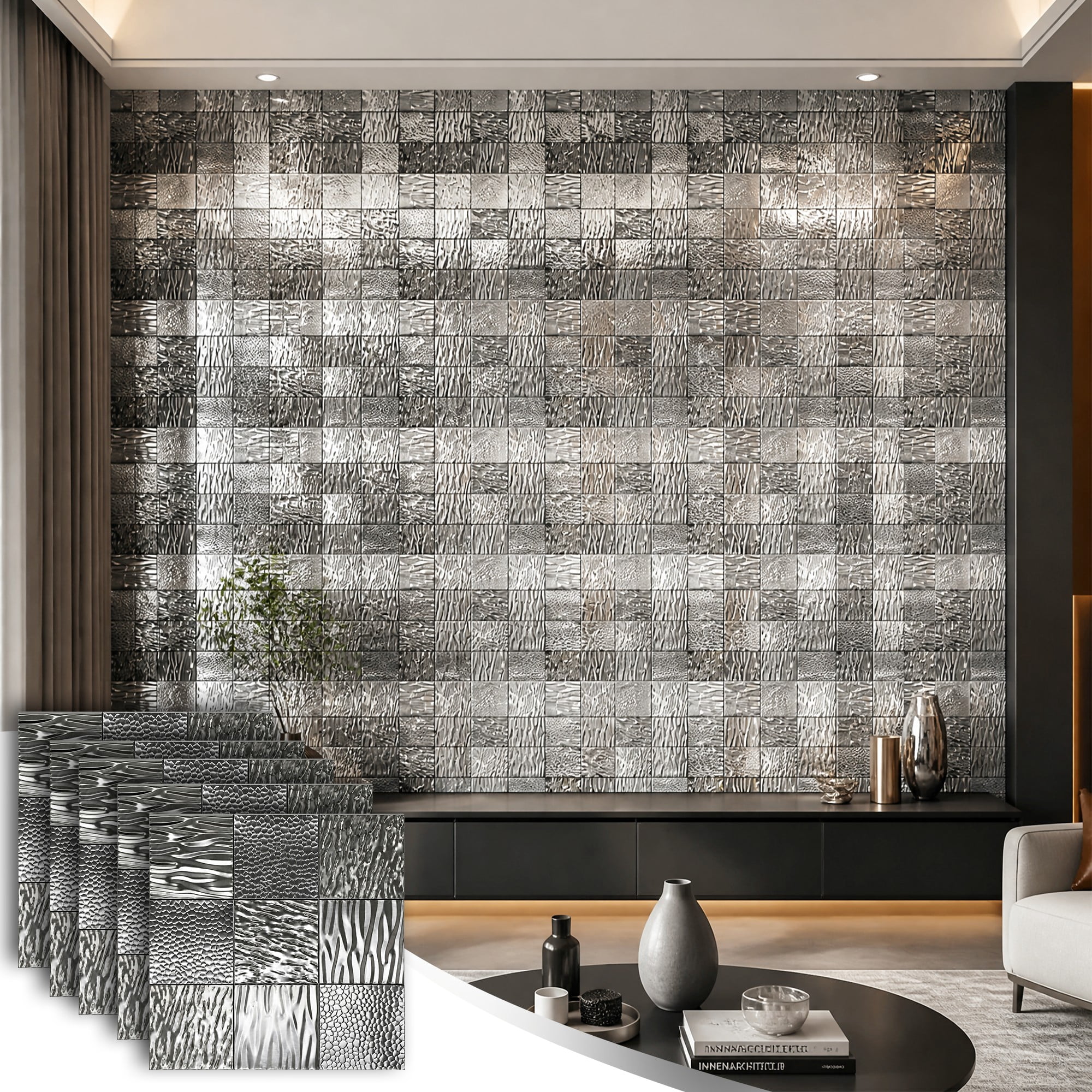 Easy4Home 5Pcs 12"x12" Metal Wall Panels Morden Mosaic Tiles for Interior Wall Decor, Silver