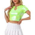 thumbnail image 4 of INSPIRE CHIC Metallic Crop Tops for Women's Keyhole Short Sleeve Halloween Party Shiny Holographic Top M Grass Green, 4 of 5