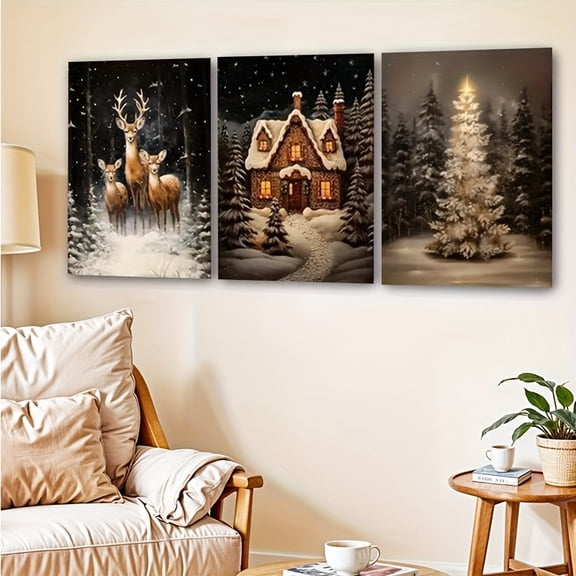 2D Flat, 3pcs Decorative Canvas Art Set, 2D Frameless High-Quality Pine Forest Winter Scene with Gingerbread House and Deer Family Painting, Creative Waterproof Wall Art Poster for Bedroom, Living R