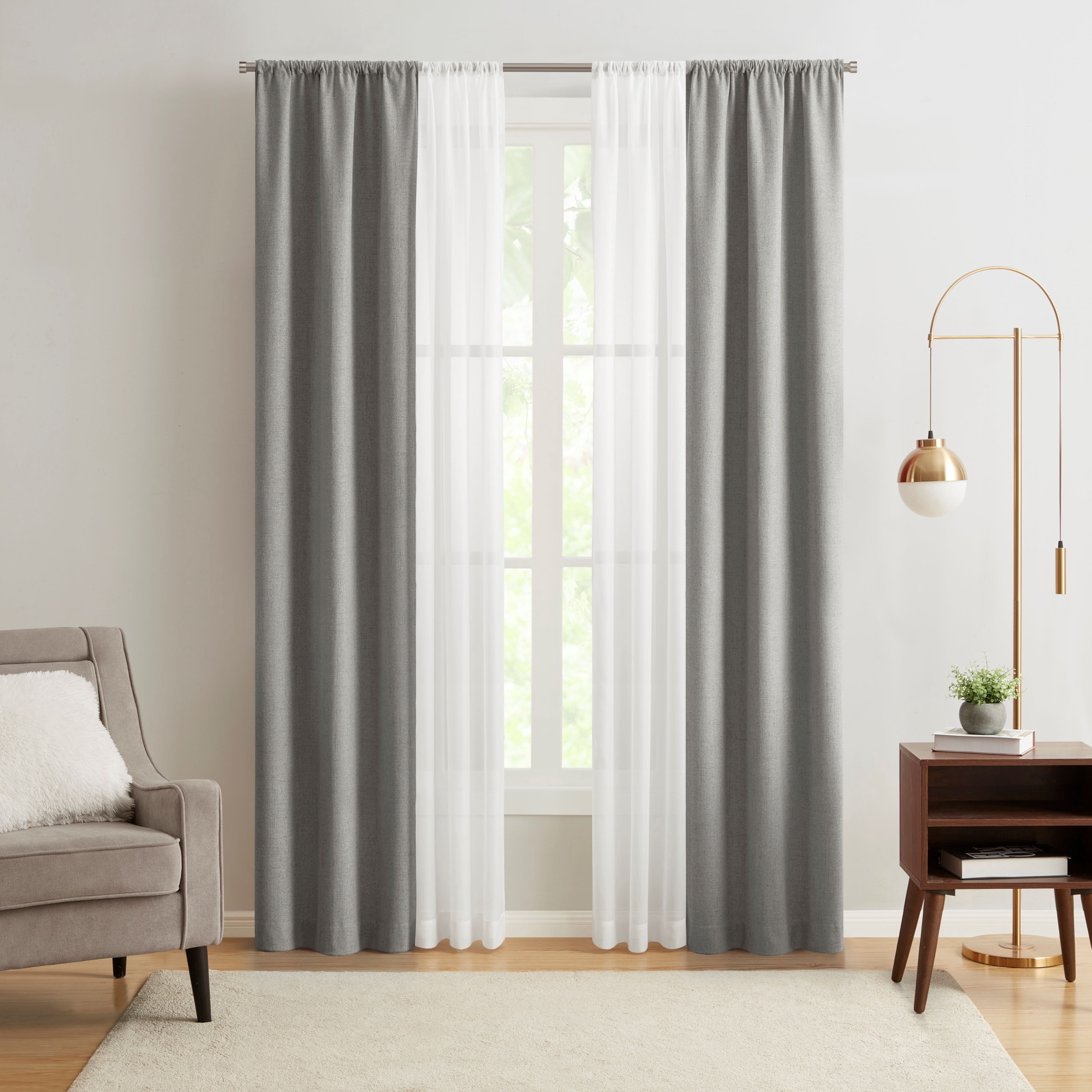 Mainstays Solid Twill Blackout Curtain Panel and Sheers, Set of 4, Soft Silver, 27.5" W x 95" L
