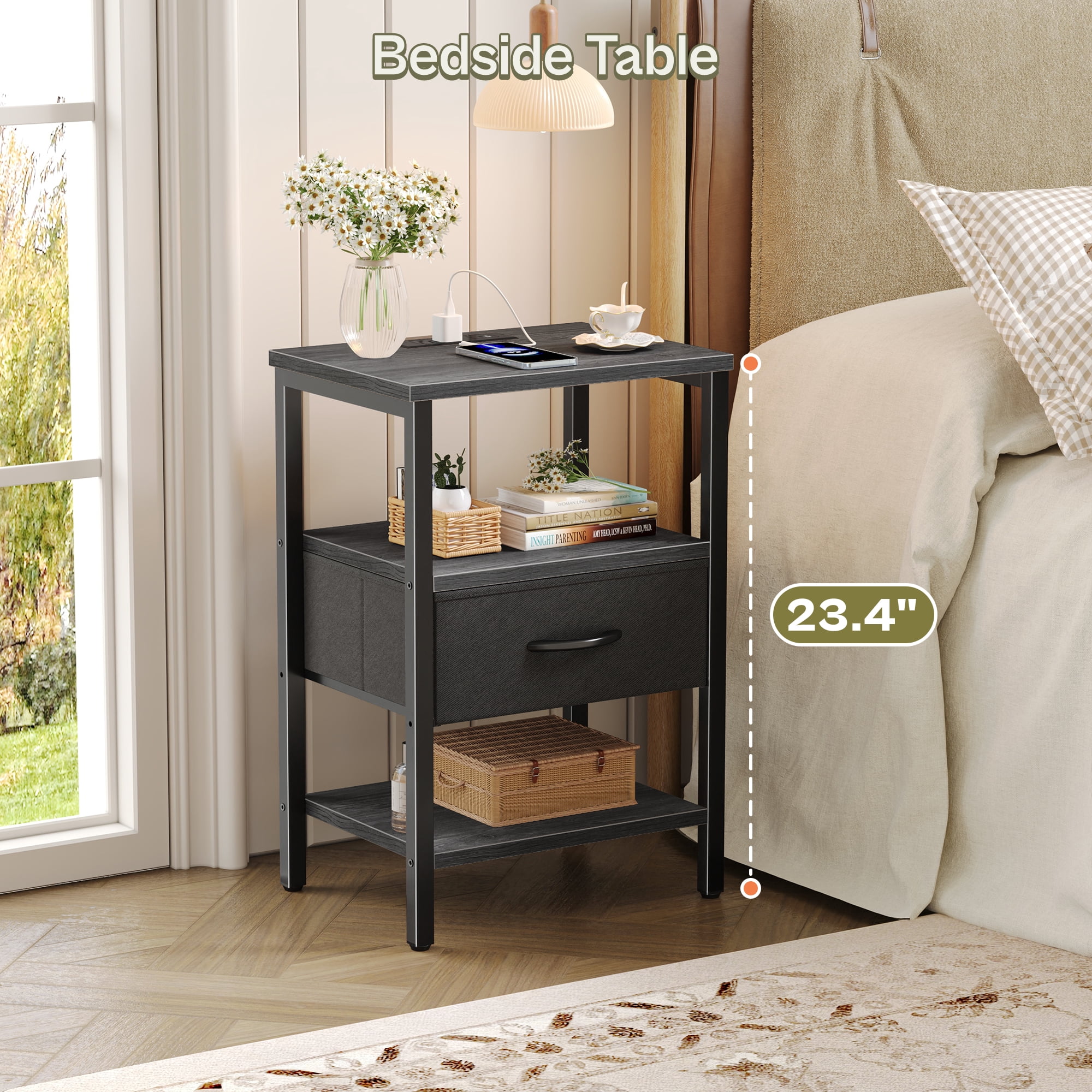 Nightstand with Charging Station, Adjustable Fabric Drawer, 3-Tier Bed Side Table, Night Stand for Bedroom, Storage End Table,Charcoal Gray