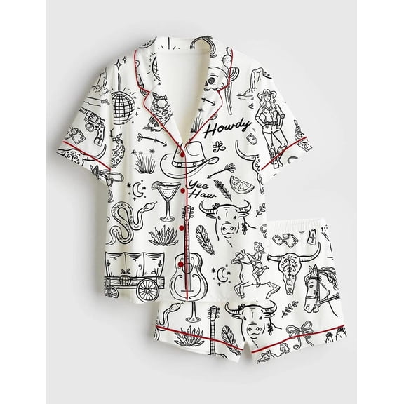 Cowgirl Western Bachelorette Satin Pajama Set for Women, Hand Drawn Cowboy Sleepwear Loungewear, Whimsical Bachelorette Party Pajamas Gift