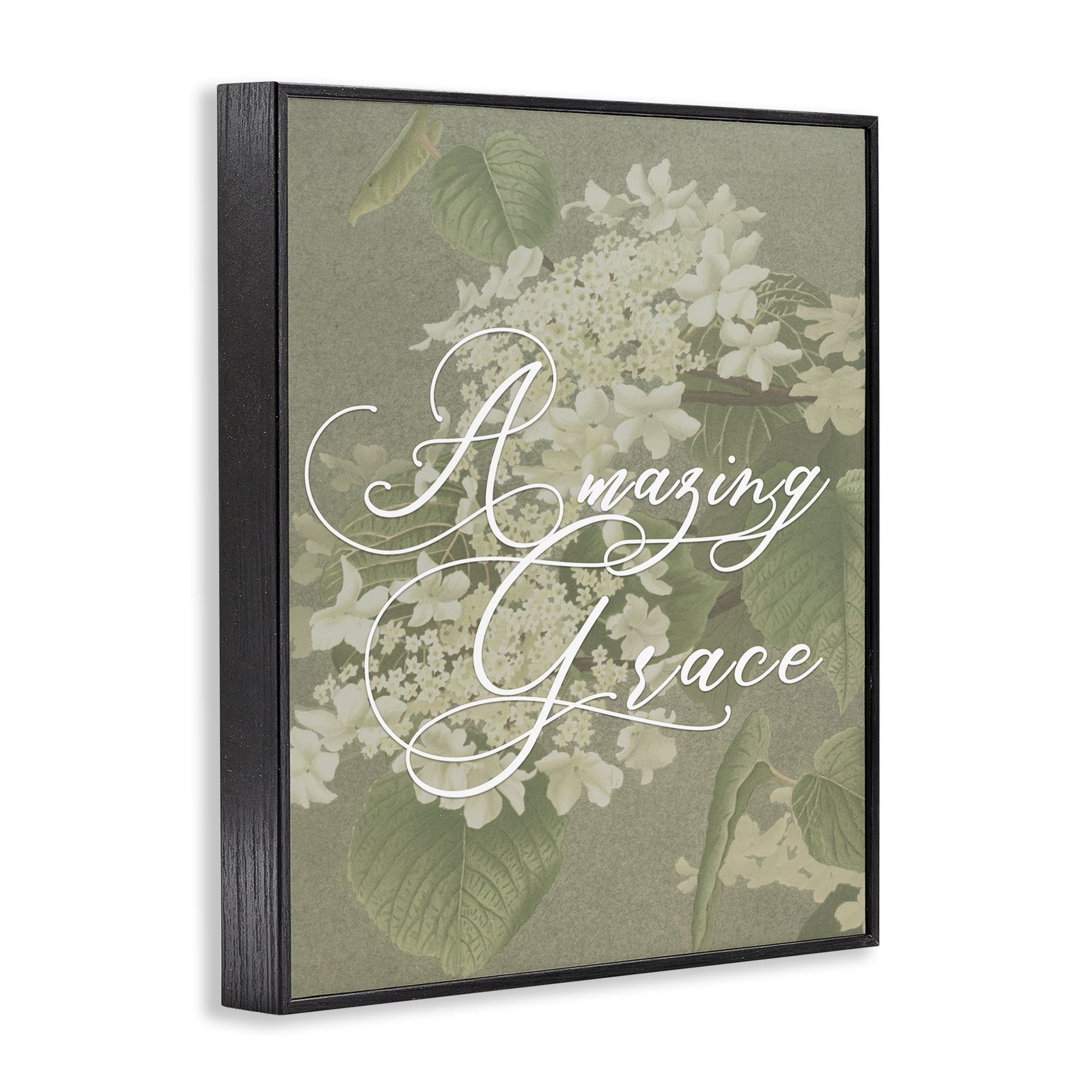 Amazing Grace Phrase Vintage White Flower Blossoms Black Framed Giclee Art, 11 x 14, By Lil' Rue