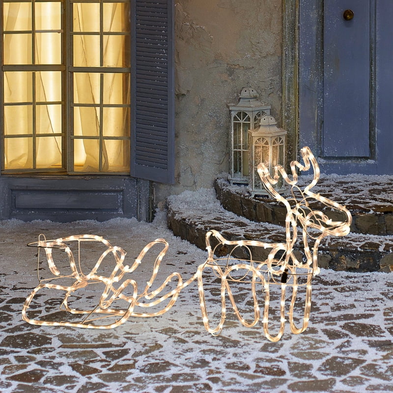 Alvantor Christmas Reindeer & Santa Sleigh with LED Lights, Steel Frame Yard Decoration 17.75"x9.5"x17.75" White