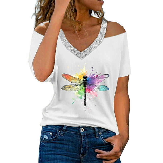 Camisetas Casuales para Mujeres Correa de Hombro de Verano Camiseta con Cuello en V, Manga Corta Top Ligero para el Hogar Y la Fiesta