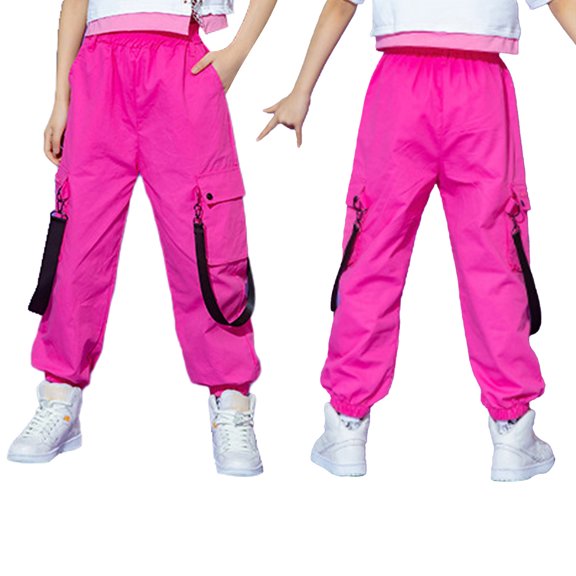 iiniim Kids Girls Cotton Cargo Jogger Elastic High Waist Trousers for Hip Hop Jazz Sweatpants 5-16