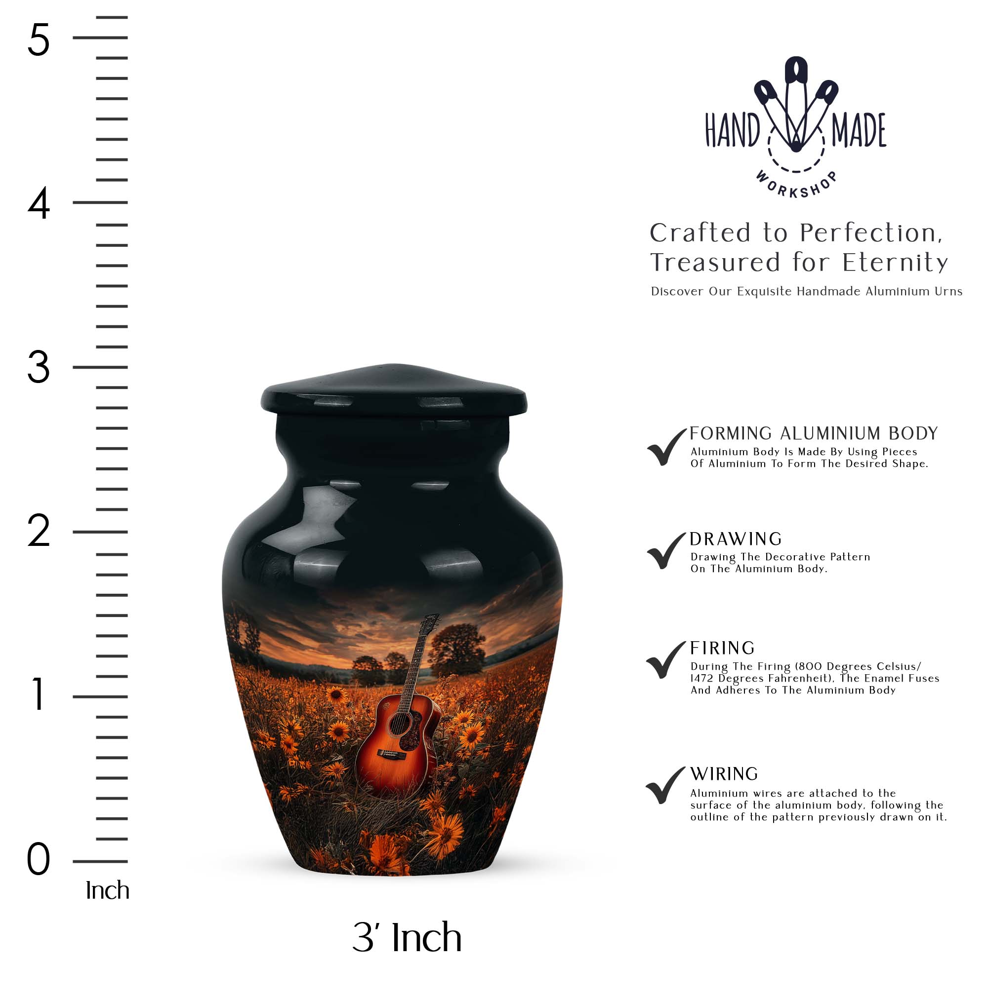 Guitar Urns For Human Ashes For Adults - Brown Keepsake For Ashes For Husband And Wife - Black Small Urns For Male, 3 Inch - Burial Mini Urn For Adult Female - Keepsake Sunflower Urn For Dad