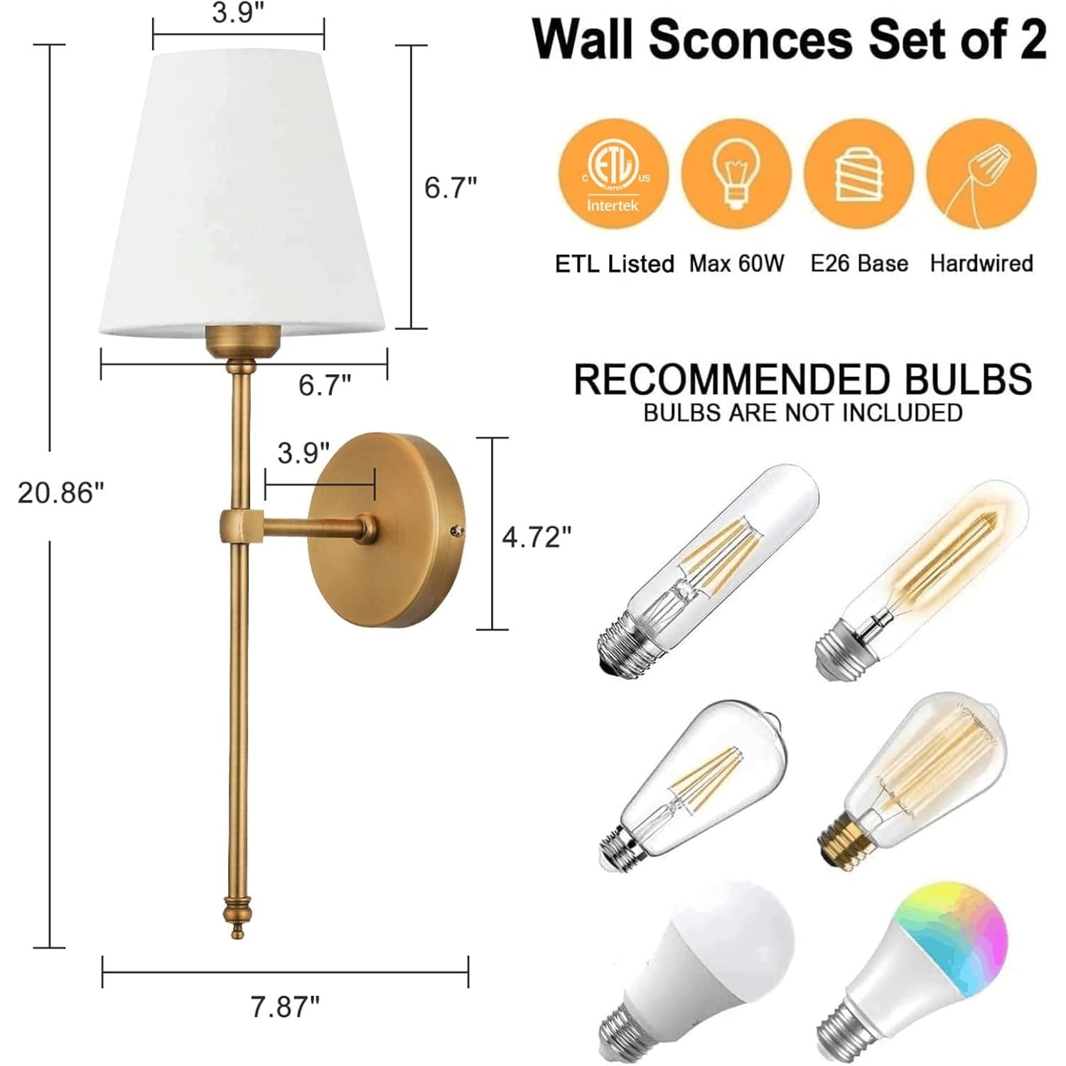 Wall Sconces Sets of 2, Hardwired Classic Brushed Brass Sconces Wall Lighting, Bathroom Vanity Light Fixture with Fabric Shade for Bedroom Living Room Hallway Kitchen, Gold
