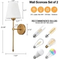 thumbnail image 3 of Wall Sconces Sets of 2, Hardwired Classic Brushed Brass Sconces Wall Lighting, Bathroom Vanity Light Fixture with Fabric Shade for Bedroom Living Room Hallway Kitchen, Gold, 3 of 6