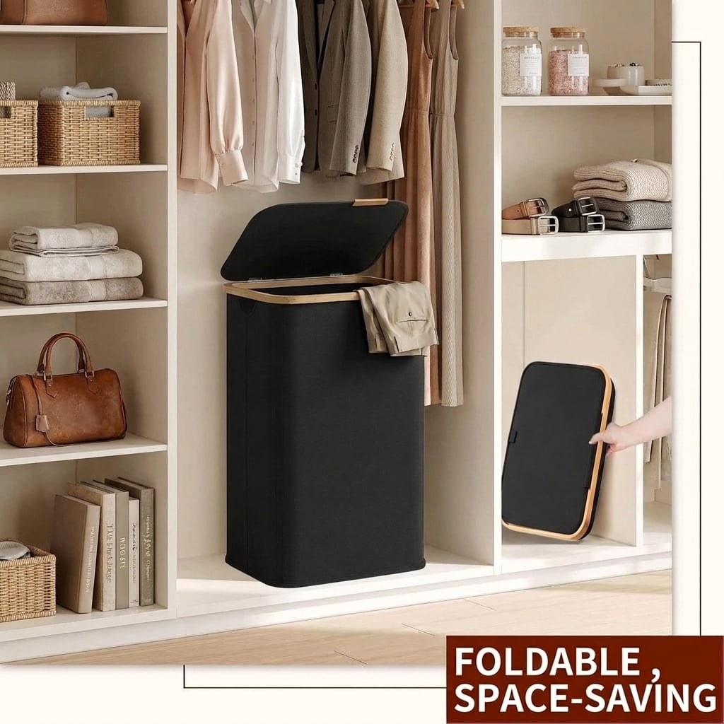 LEDREM Laundry Hamper with Lid 100L, Large Foldable Clothes Basket with Bamboo Handles, Tall Fabric Hamper for Bedroom, Bathroom, Dorm, Ink Black