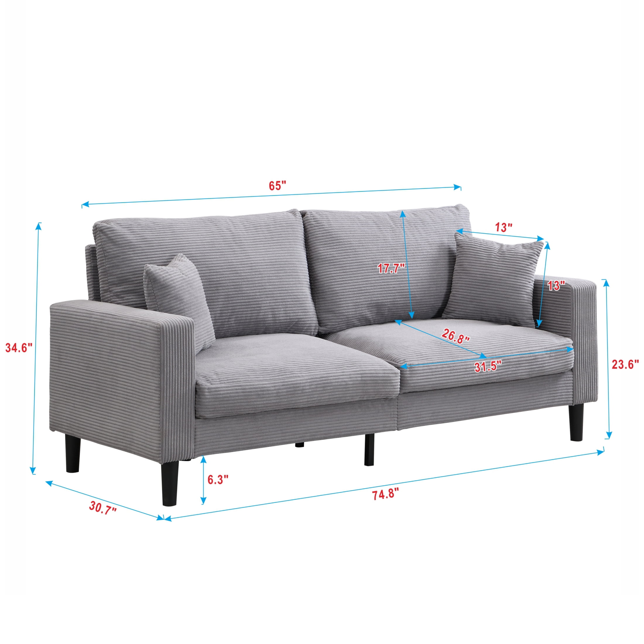Anpport Corduroy Sofa, 74.8" Deepseat Loveseat for Living Room, Gray
