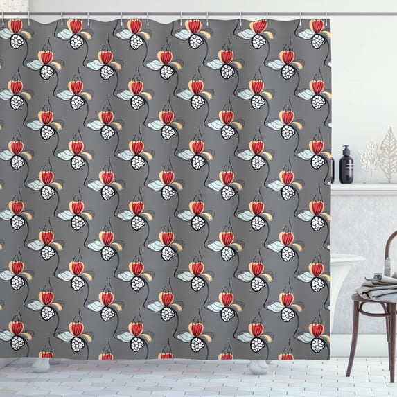 Floral Shower Curtain, Hand Drawn Style Creative Flowers with Abstract Look Colorful Herb Motif Summertime, Fabric Bathroom Set with Hooks, 69W X 70L Inches, Multicolor, by Ambesonne
