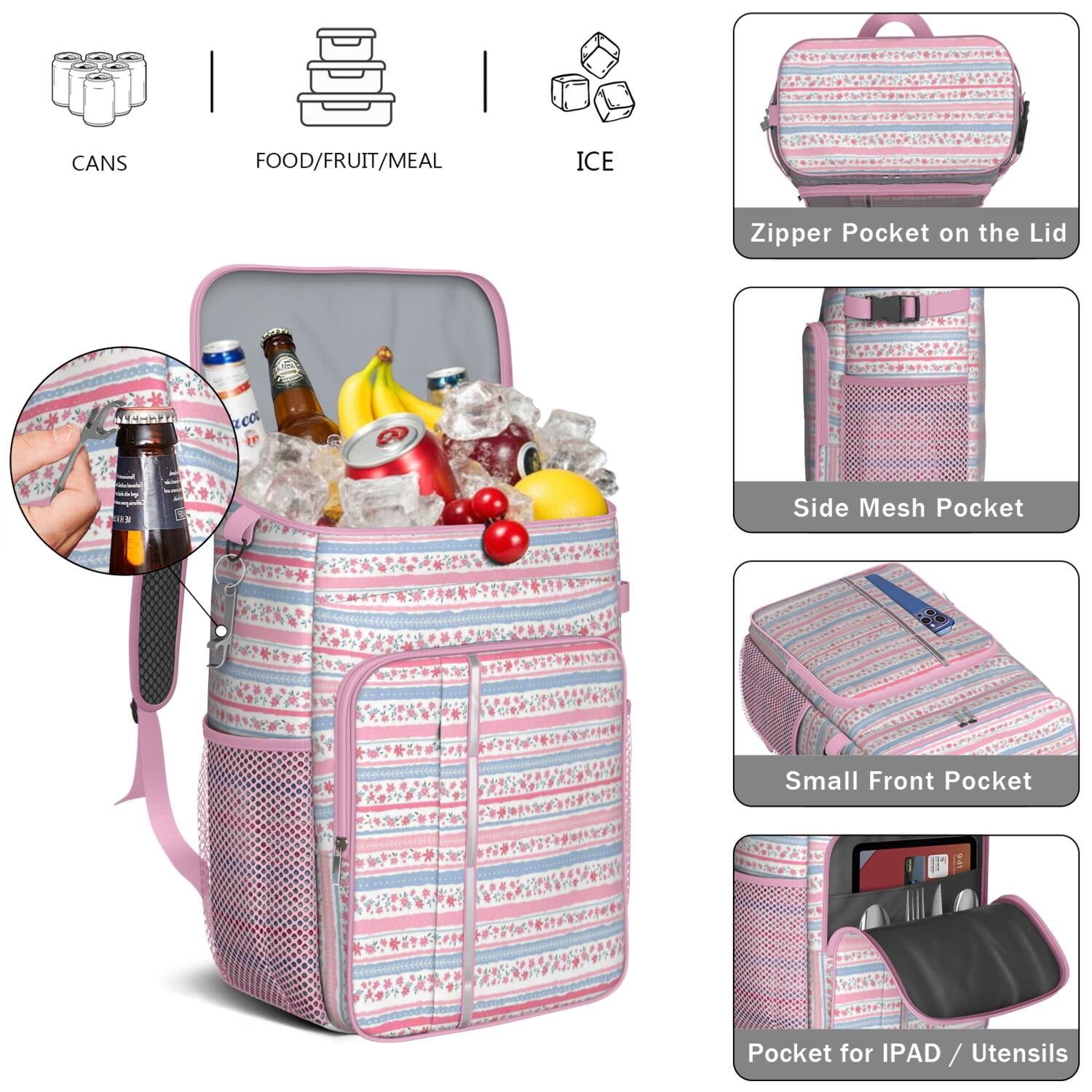 Travel Cooler Bag - Pioneer Flower Camping Beer Cooler Backpack with Bottle Opener- Waterproof Insulated Picnic Backpacks - Cooler Bag for Beach