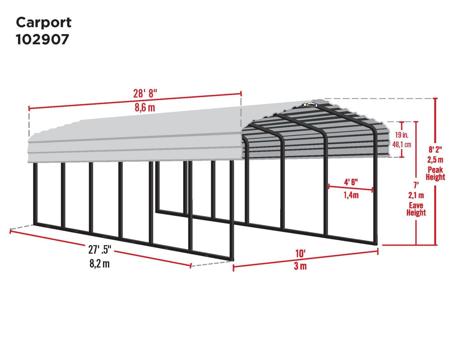 Steel Carport 10 x 29 x 7 ft. Galvanized Black/Charcoal