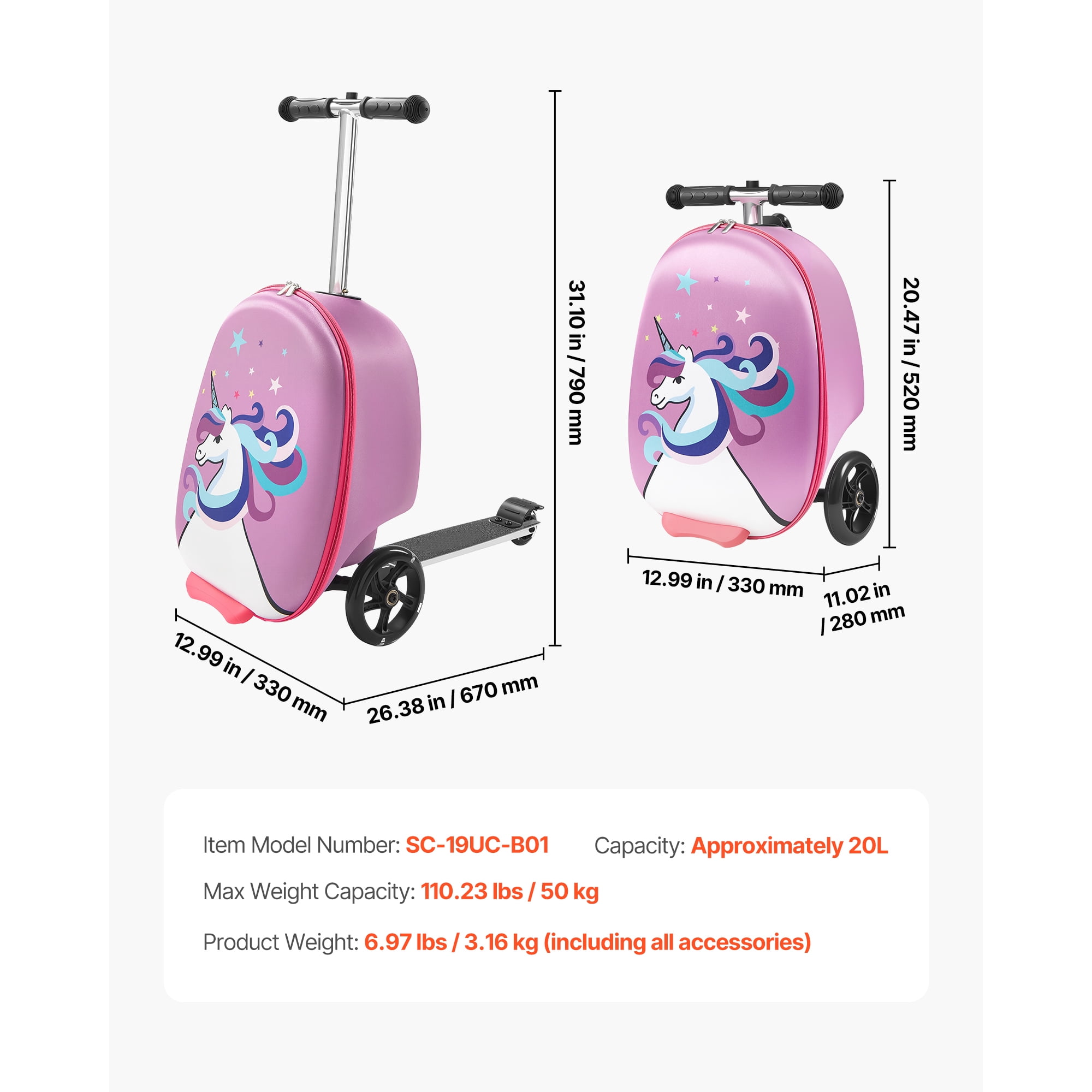 KFFKFF Ride-on Kids Luggage, 20L Capacity, 20-Inch Scooter Suitcase with Flashing PU Wheels, Adjustable Handle & Non-Slip Grip, Foldable and Lightweight Travel Companion for Children Aged 5+, Purple