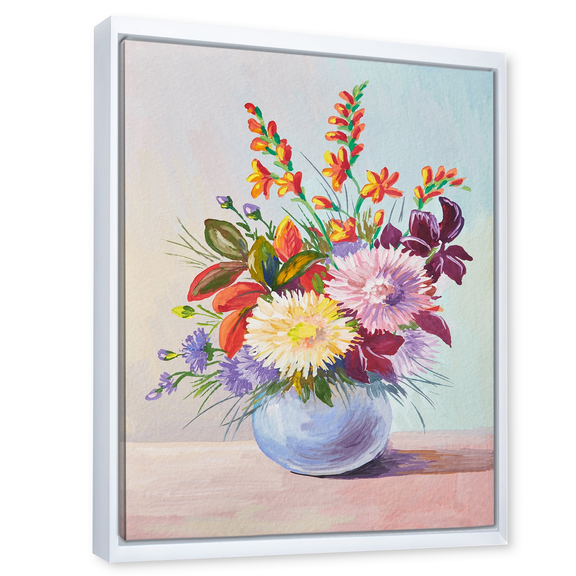 Still Life With Asters On Colorful Flowers In Vase 16 in x 32 in Framed Painting Canvas Art Print, by Designart