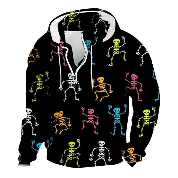 DQRPSEETB Men's Spring Autumn and Winter Halloween Comfortable and Fashionable Full Print Zipper Loose Casual Long Sleeved Hooded Sweatshirt Mens Crewneck Sweatshirts (Gold,XL)