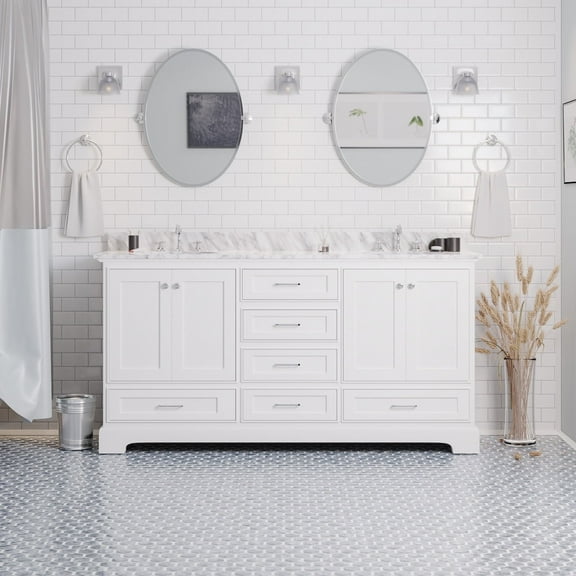 Harper 72" Double Bathroom Vanity with White Cabinet and Carrara Marble Top