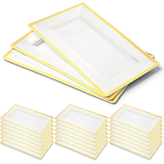 24 Pcs White Plastic Serving Trays with Gold Rim, Elegant Rectangle Plastic Serving Platter Disposable 13''L×7.8''W Party Trays and Platters for Food Fruit Dessert Cookies Appetizers