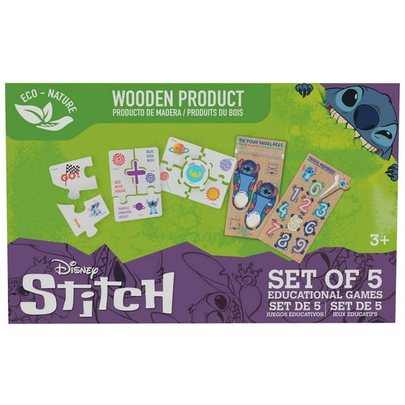 Disney: Stitch Educational Games - Set Of 5 - Play Based Learning, Wooden Puzzles, Bilingual Flash Cards, Numbers-Colors-Shapes-More, Toy Kit, Kids 3 