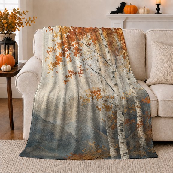 Autumn Birch Forest Orange Golden Leaves, Festive autumn celebration Scene, Warm Flannel Blanket for Cabin and Lodge with Detailed Artwork, Art Lovers autumn celebration Gift, Festive Home Decor