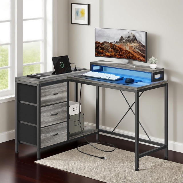 Yiwa Corner Computer Desk, L-Shaped with LED, Storage Drawers & Power Outlets