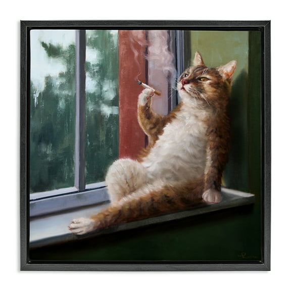 Stupell Industries Cat Smoking Lounging in Window Animals & Insects Painting Black Floater Framed Canvas Art Print Wall Art, 18 x 18