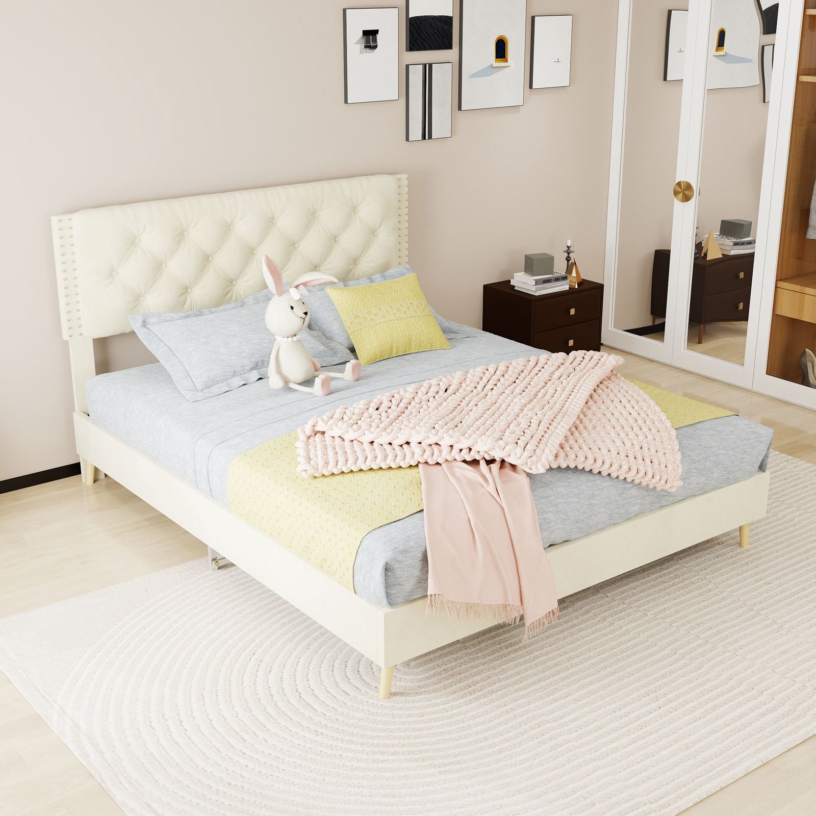 Alvantor Queen Size Upholstered Bed Frame with Padded Headboard, Holland Velvet Tufted Beige