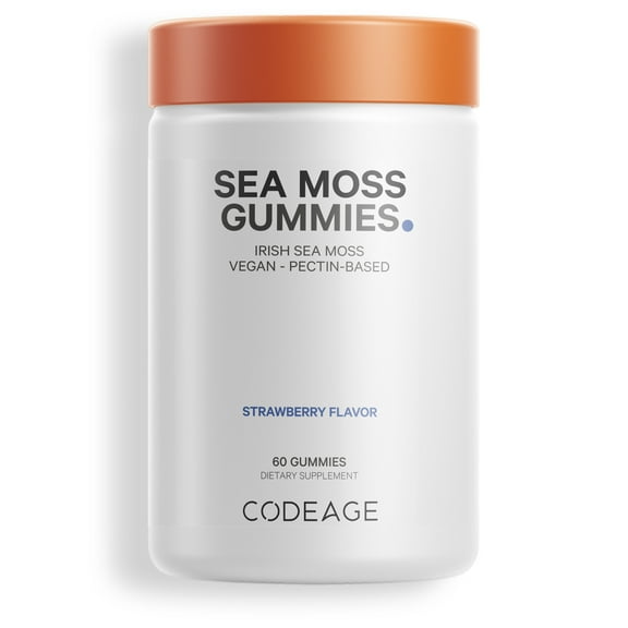 Codeage Irish Sea Moss Gummies Supplement - 300mg Irish Sea Moss Extract Equivalent to 3,000mg of Raw Sea Moss Powder - Delicious Strawberry Flavor - Vegan, Non-GMO, Gluten-free - 60 Gummies