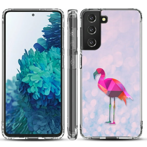 Shockproof Hybrid Bumper Phone Case for Samsung galaxy S21  5G / S21 Plus 5G, by OneToughShield ® - Flamingo / Polygon