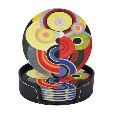 

Rhythm Sonia Delaunay Ruffle Coasters With Leather Holder Set Of 6 Round Coasters for Home and Kitchen Decor