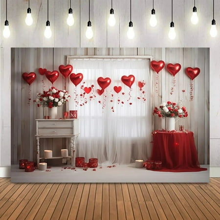 Image of Love heart Balloons Backdrop for Photography Wood Board Valentine s Day Cake Smash Portrait Background for Photobooth Studio