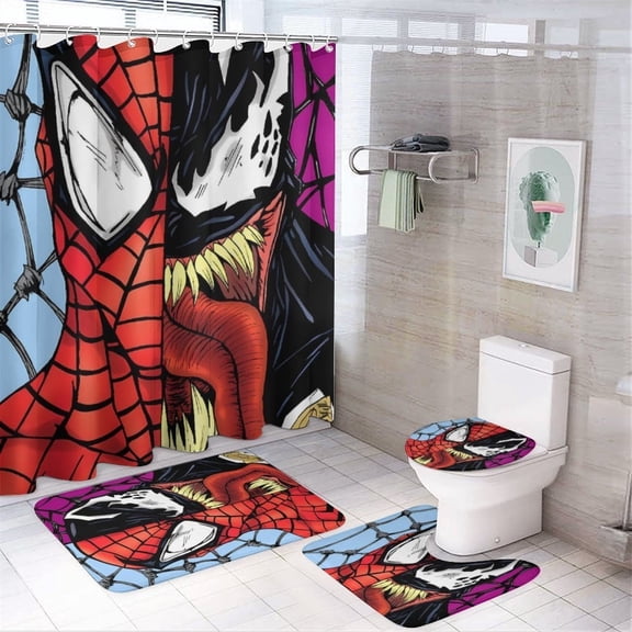 Spider Print 4Pcs Family Shower Curtain Sets with Non-Slip Rugs, Toilet Lid Cover and Bath Mat, Black Home Bathroom Decor Set Accessories Waterproof Shower Curtains with 12 Hooks, 71 x 71 Inch